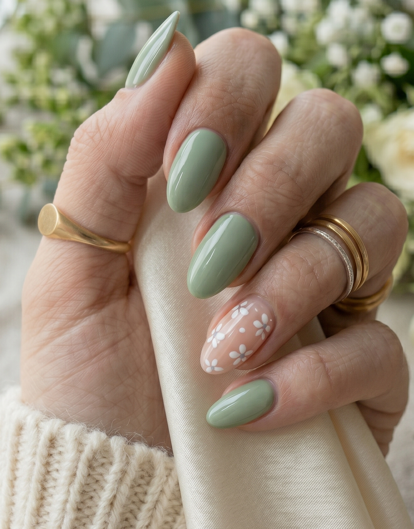 Grüne Nägel mit Blumen